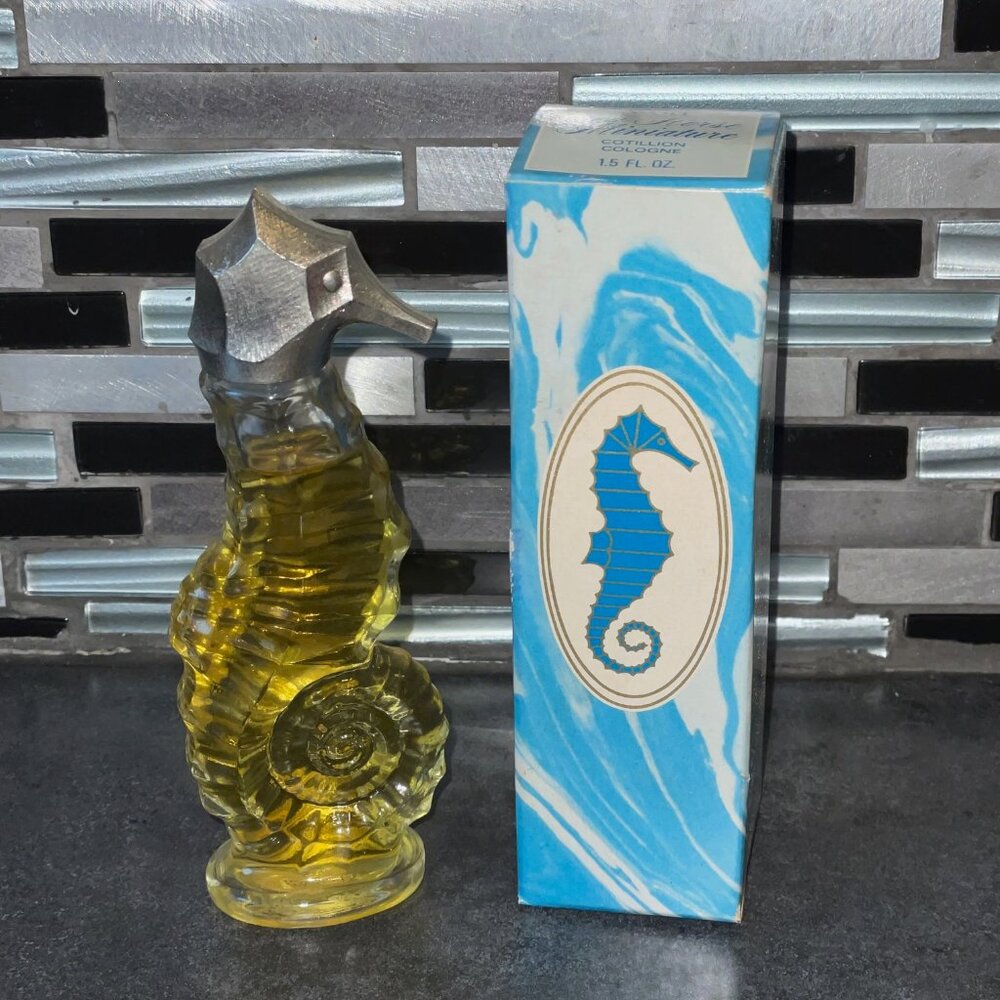 Vintage 1970s Avon Sea Horse Miniature Decanter Cotillion Cologne 1.5 oz